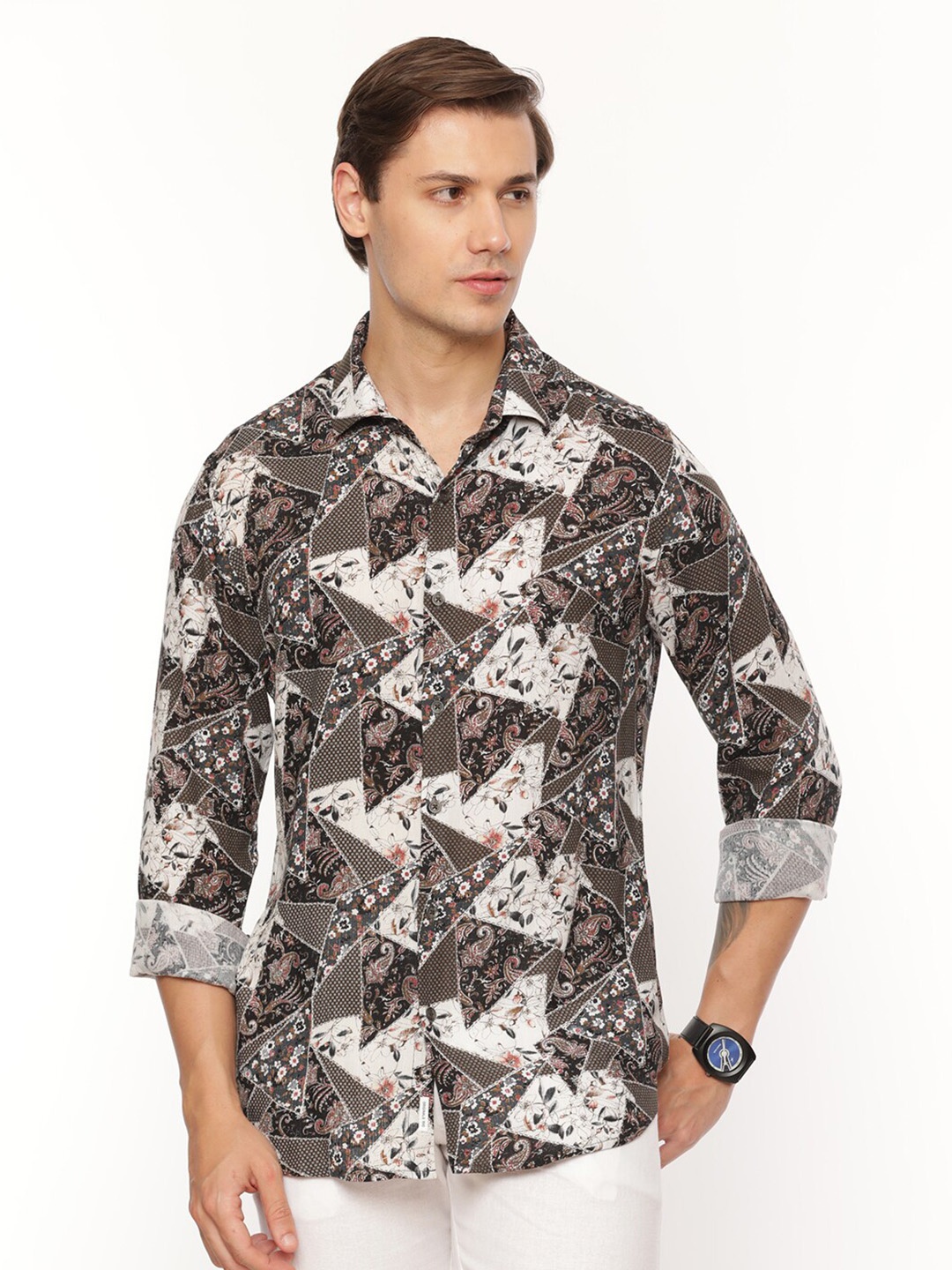 

FLY 69 Premium Slim Fit Floral Printed Casual Shirt, Olive