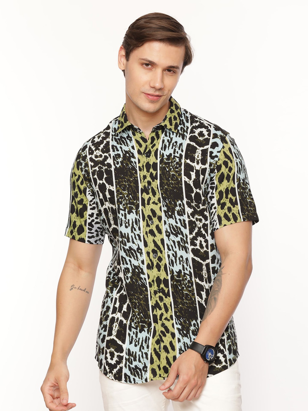 

FLY 69 Premium Slim Fit Animal Printed Casual Cotton Shirt, Green