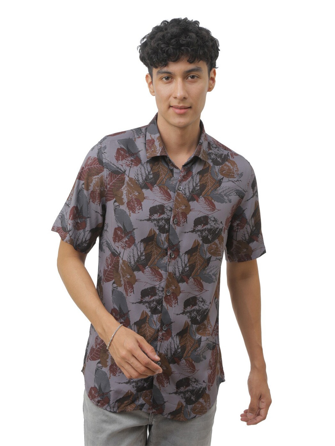 

FLY 69 Premium Slim Fit Floral Printed Casual Shirt, Grey