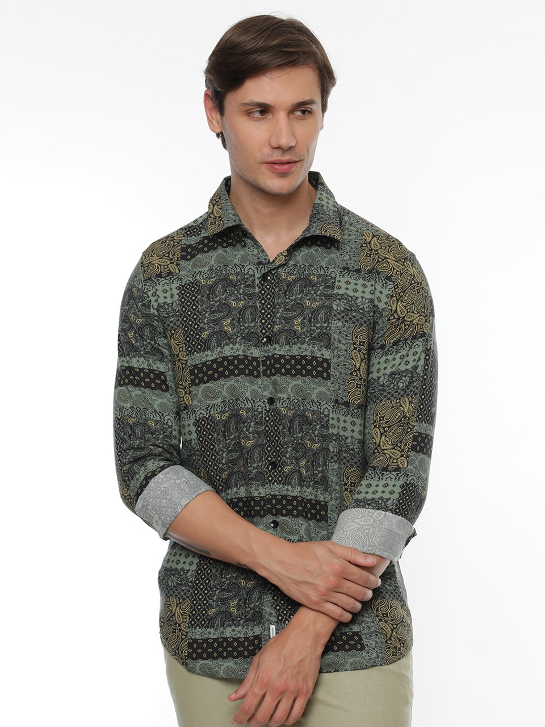 

FLY 69 Paisley Ethnic Motifs Printed Premium Slim Fit Opaque Cotton Casual Shirt, Green