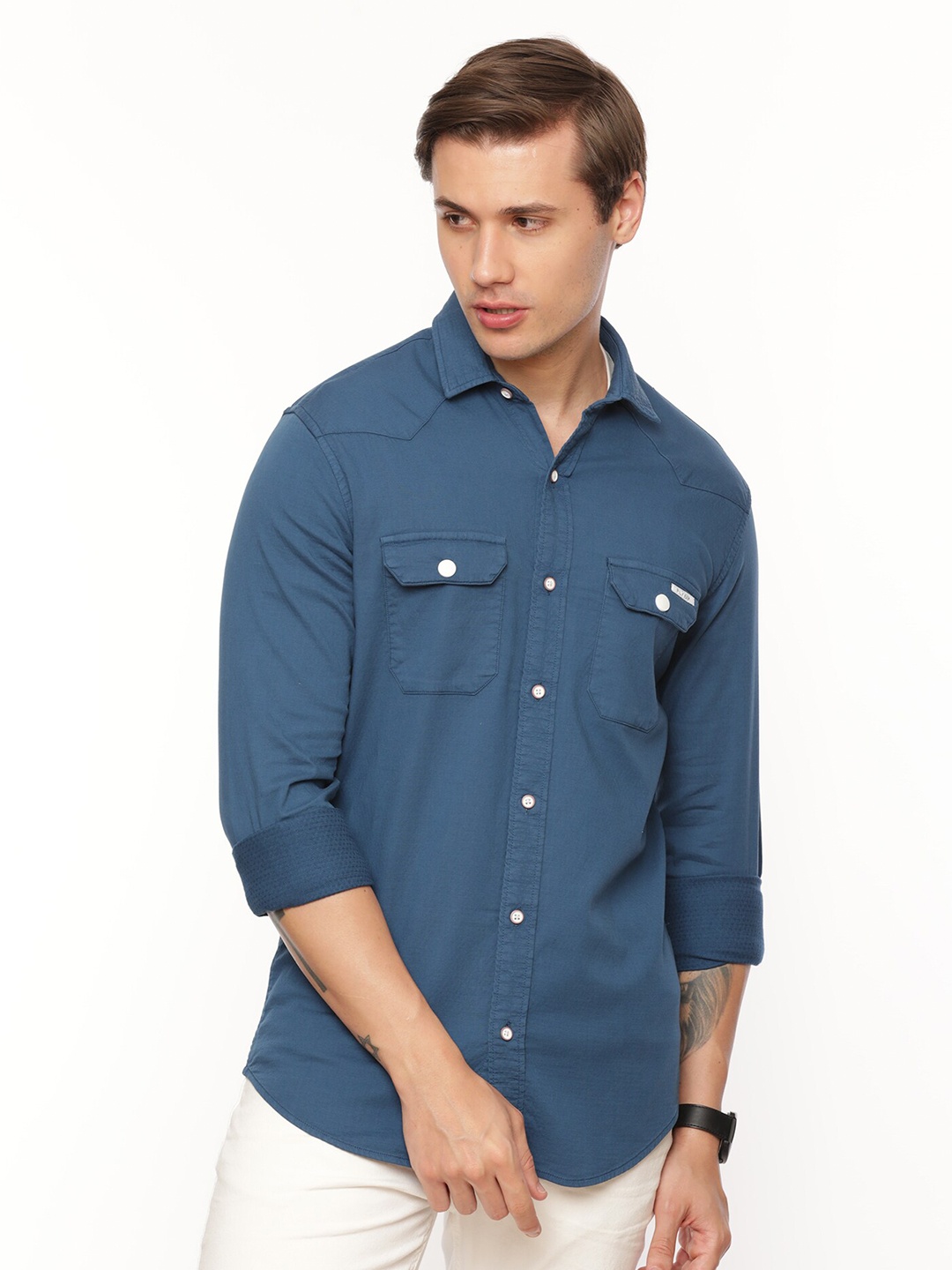 

FLY 69 Premium Slim Fit Pure Cotton Casual Shirt, Blue