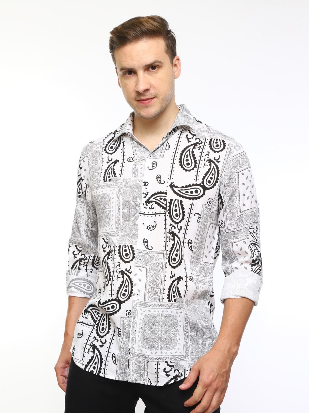 

FLY 69 Premium Slim Fit Ethnic Motifs Printed Casual Shirt, White