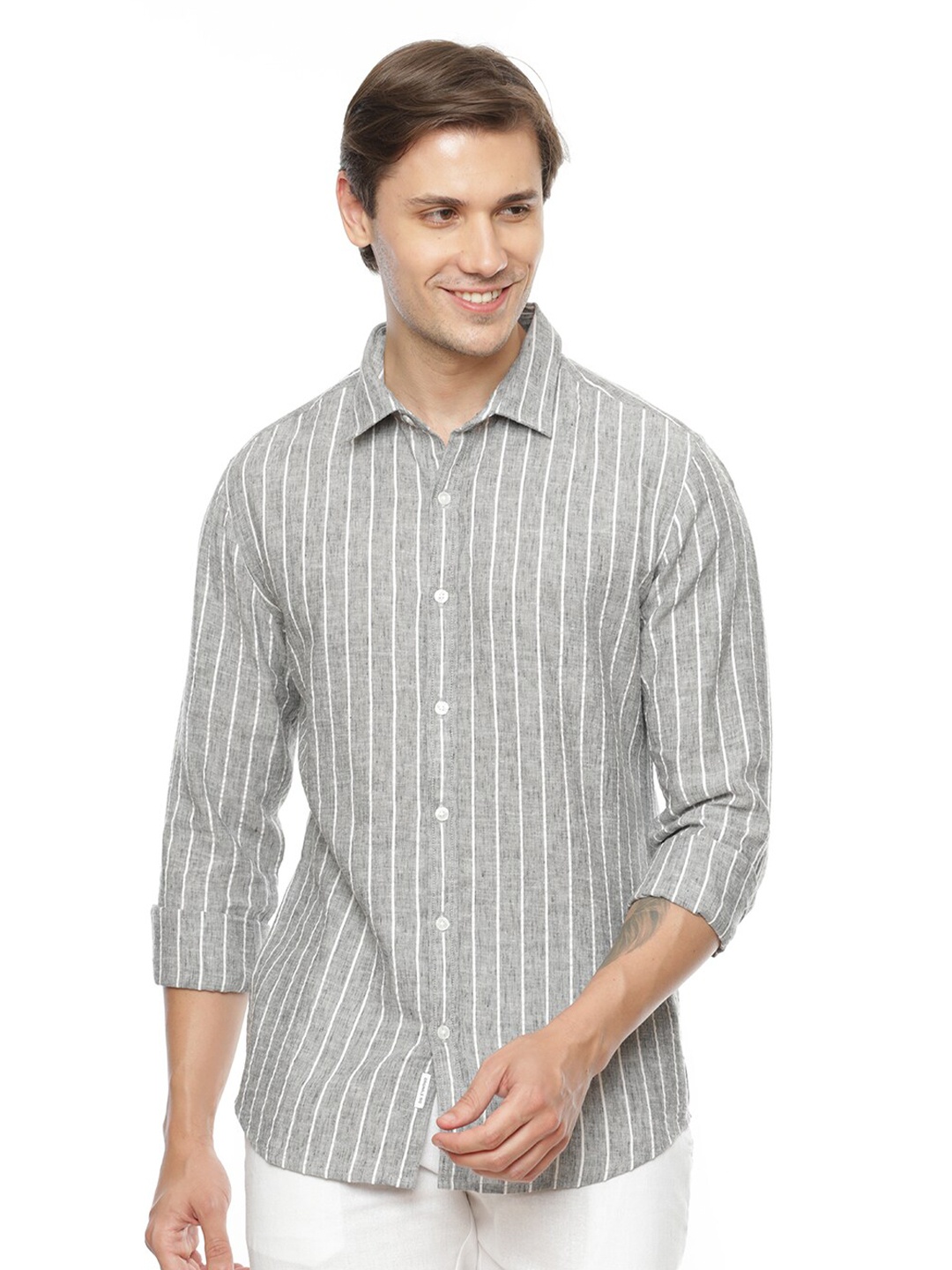 

FLY 69 Premium Slim Fit Opaque Striped Cotton Linen Casual Shirt, Grey