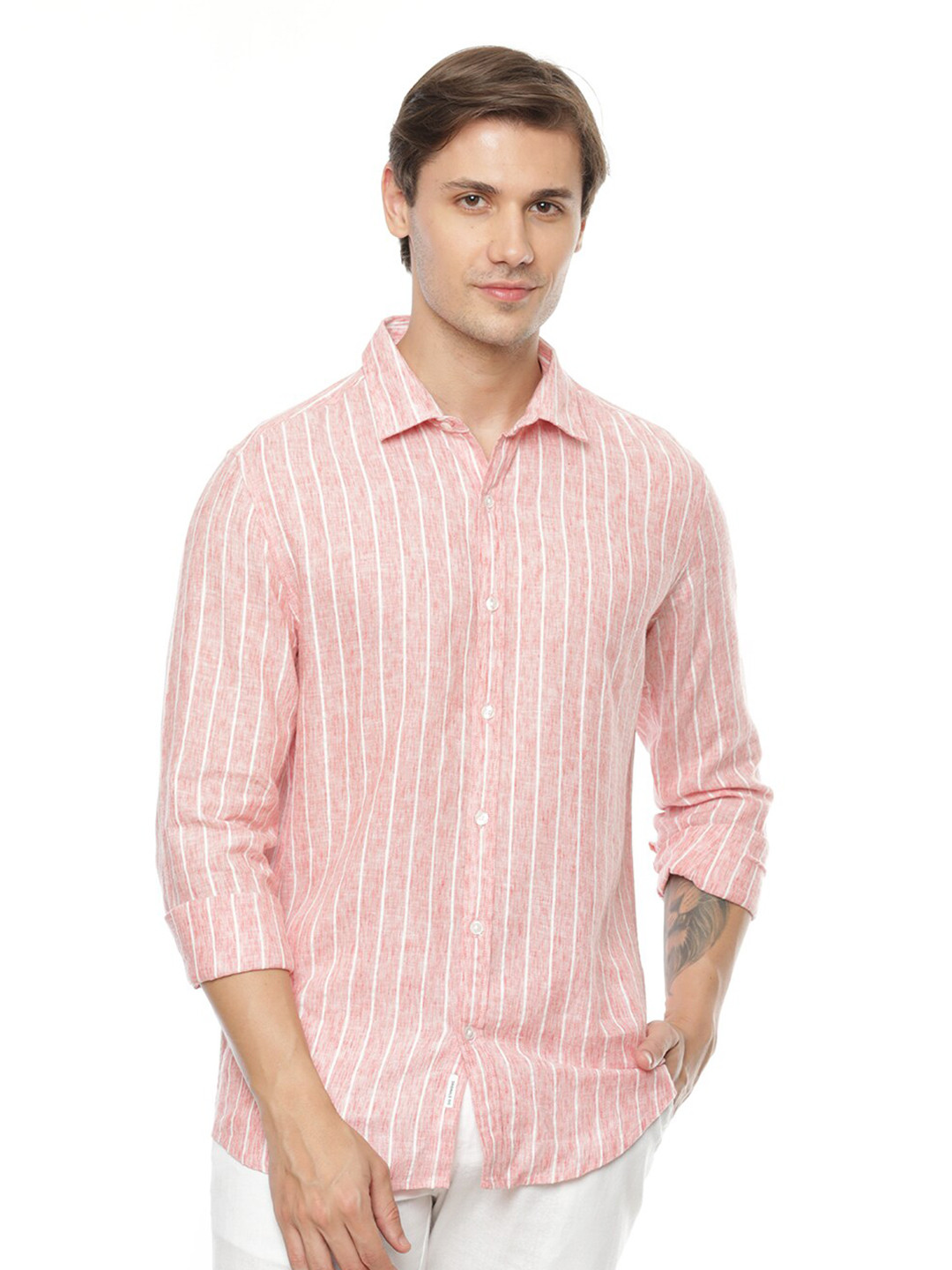 

FLY 69 Premium Slim Fit Striped Cotton Linen Casual Shirt, Pink