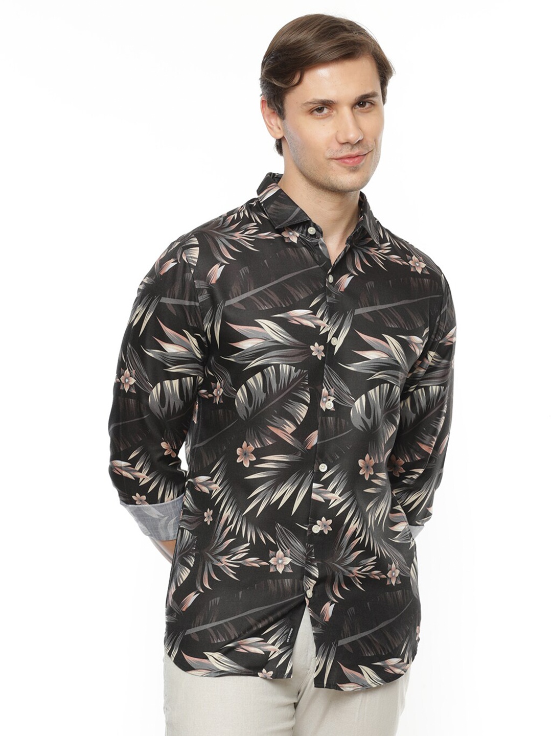 

FLY 69 Premium Slim Fit Floral Printed Casual Shirt, Black