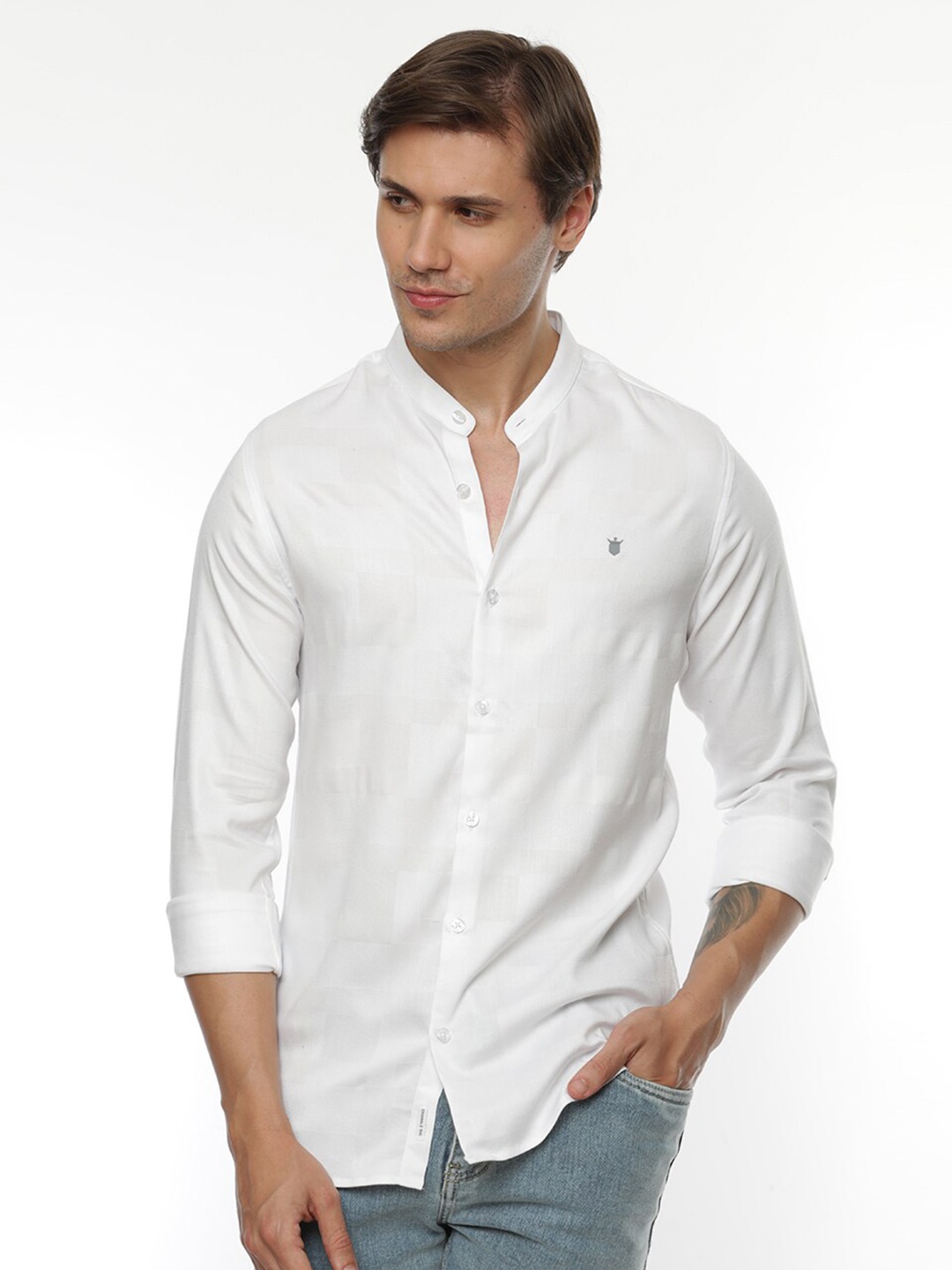 

FLY 69 Premium Slim Fit Band Collar Pure Cotton Casual Shirt, White