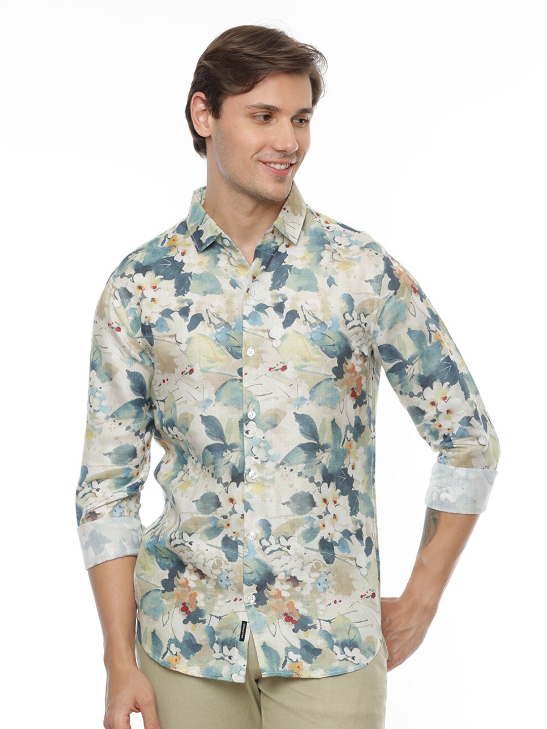 

FLY 69 Premium Slim Fit Floral Printed Casual Shirt, Off white