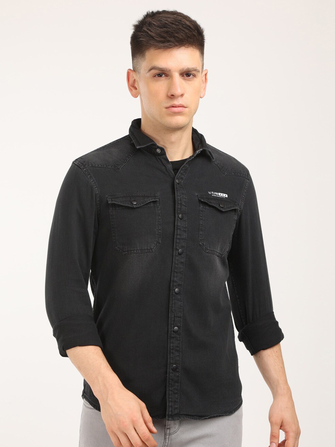 

FLY 69 Premium Slim Fit Pure Denim Casual Shirt, Black