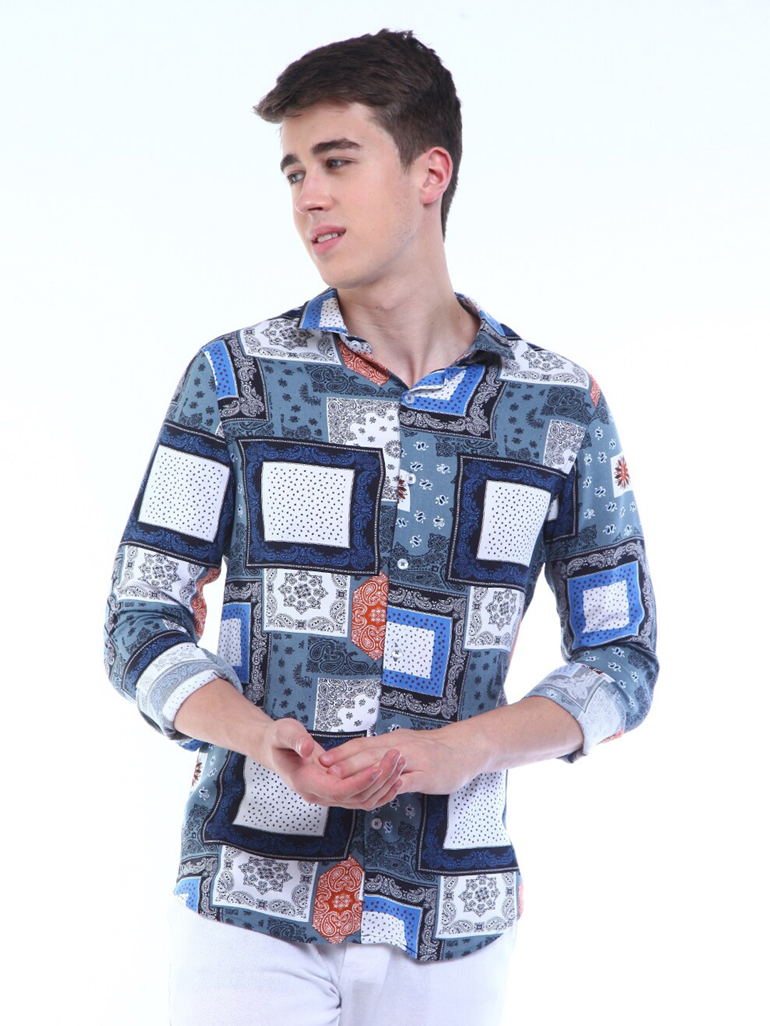 

FLY 69 Spread Collar Premium Slim Fit Ethnic Motifs Printed Casual Pure Cotton Shirt, Blue