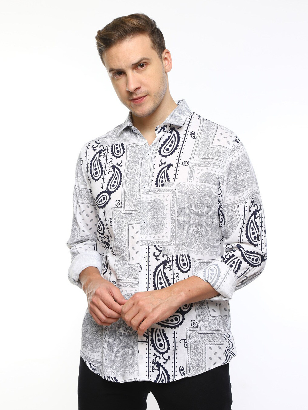 

FLY 69 Spread Collar Premium Slim Fit Paisley Printed Casual Shirt, White
