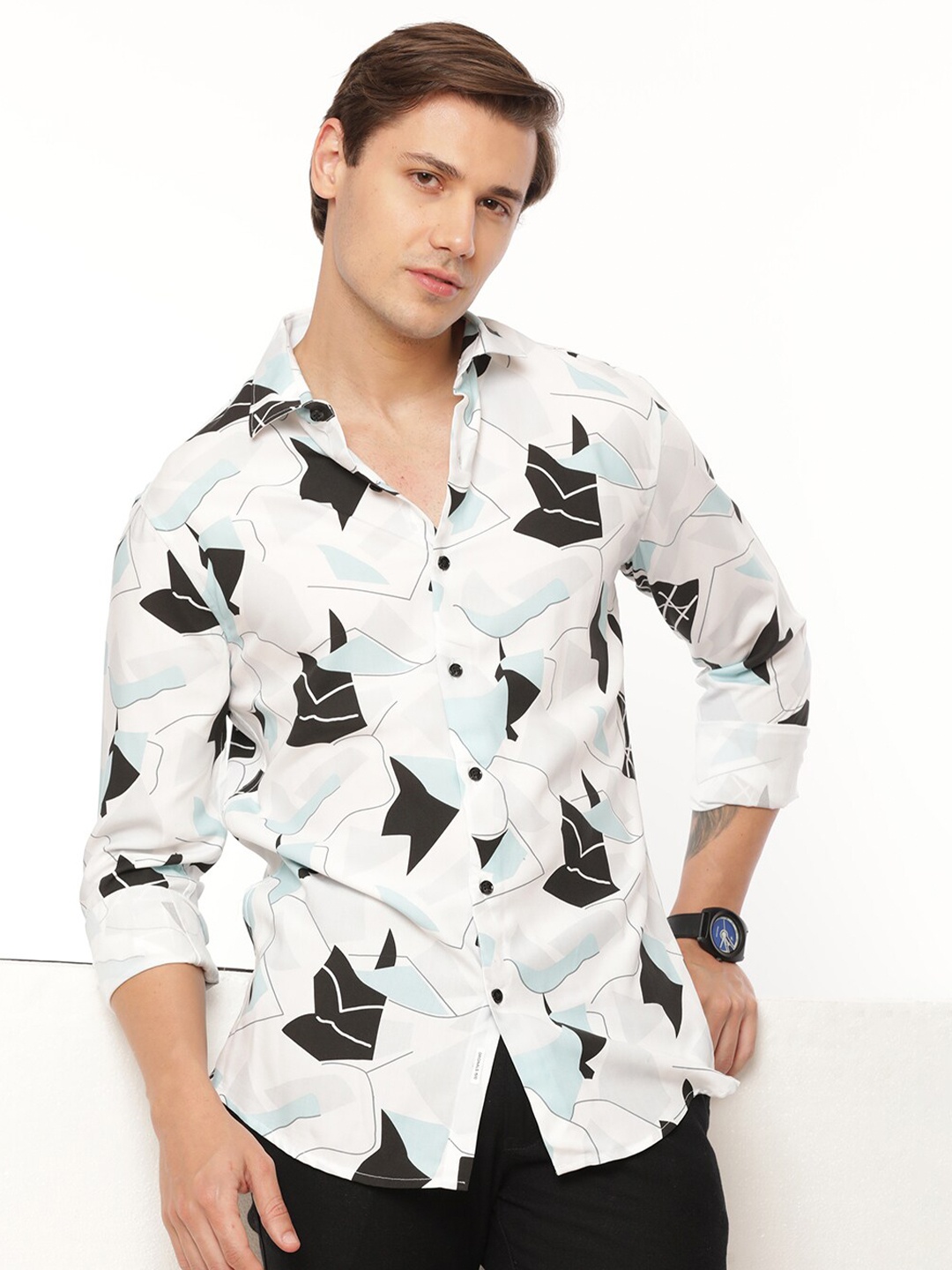 

FLY 69 Premium Slim Fit Abstract Printed Casual Shirt, White