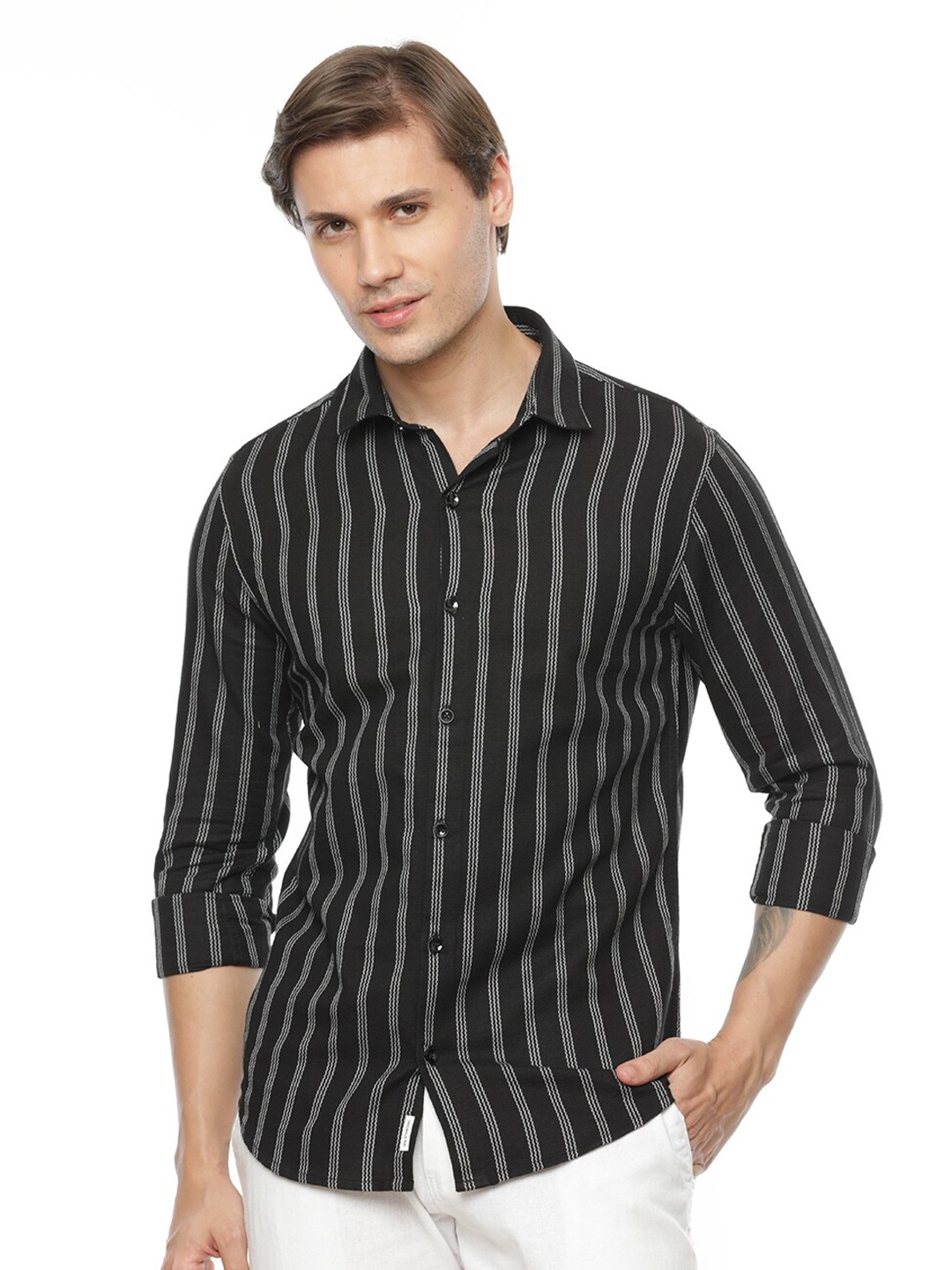 

FLY 69 Premium Slim Fit Vertical Striped Pure Cotton Casual Shirt, Black