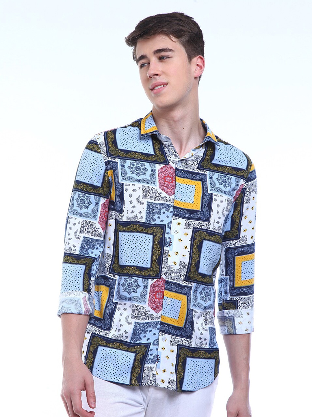 

FLY 69 Premium Geometric Printed Slim Fit Casual Shirt, Blue