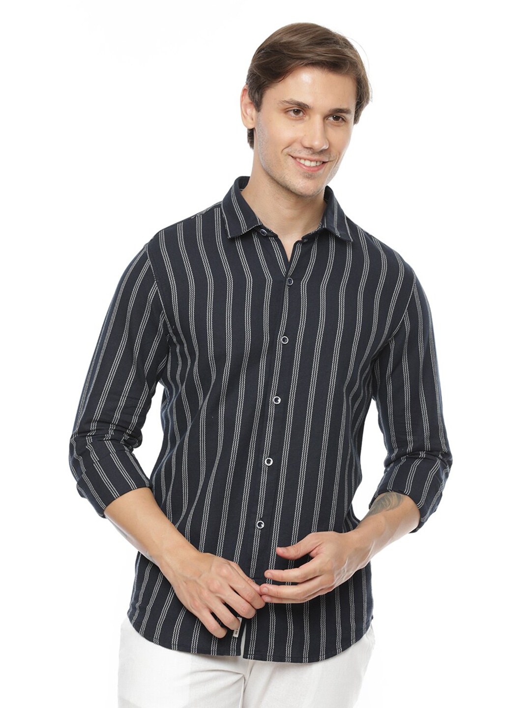 

FLY 69 Premium Striped Spread Collar Slim Fit Cotton Casual Shirt, Navy blue