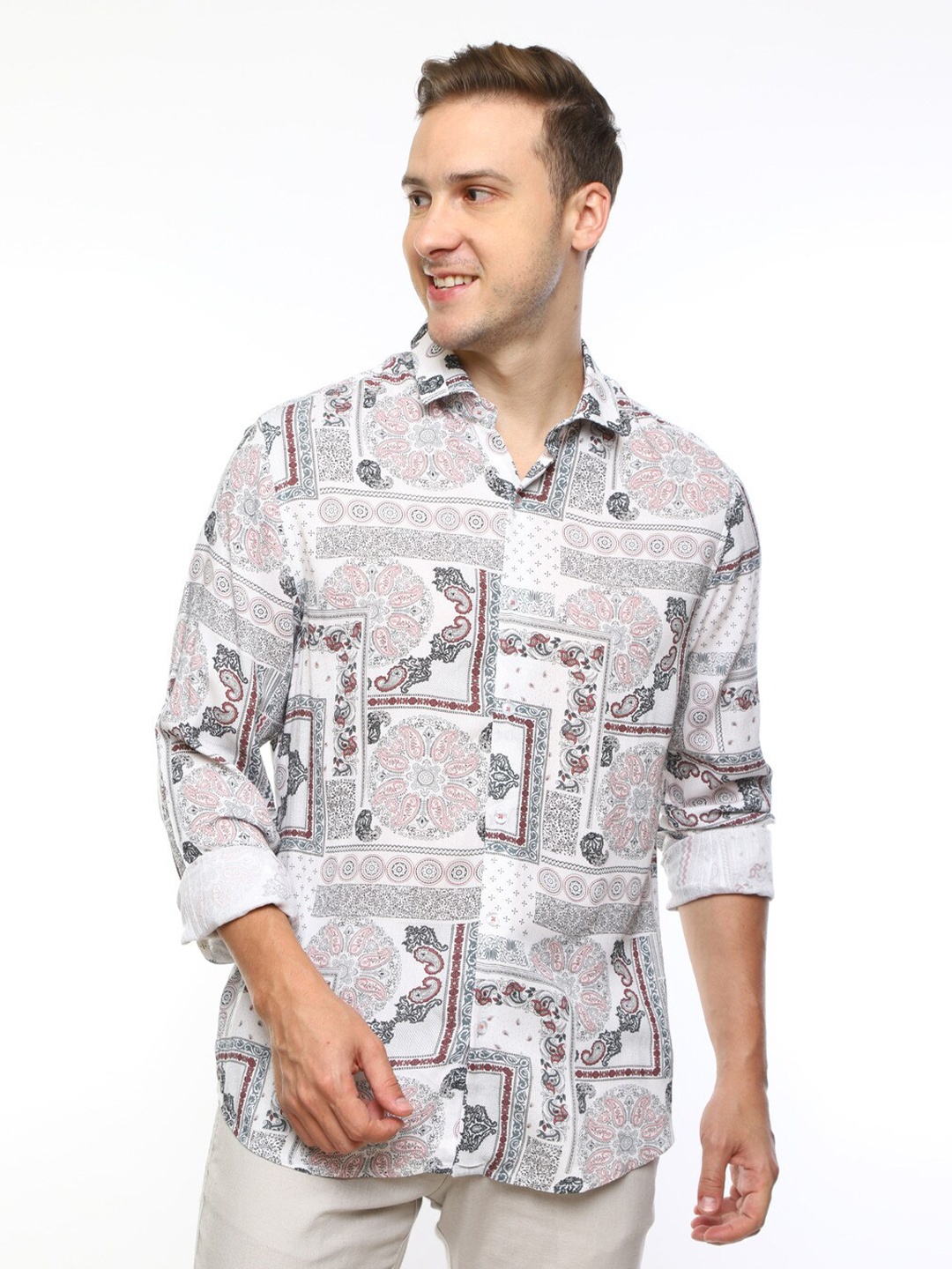 

FLY 69 Premium Slim Fit Abstract Printed Casual Shirt, Pink