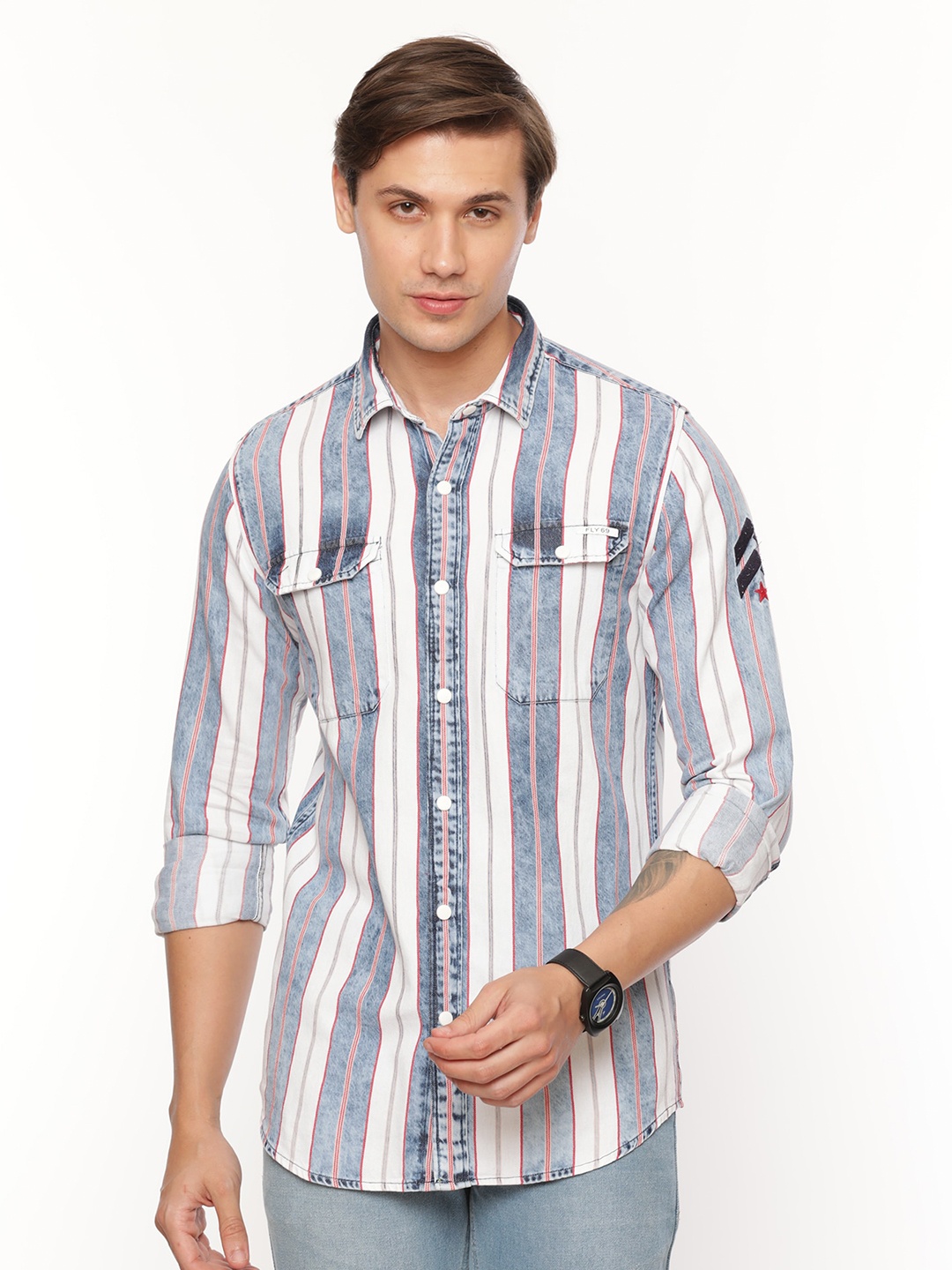 

FLY 69 Premium Slim Fit Multi Striped Pure Denim Casual Shirt, Blue