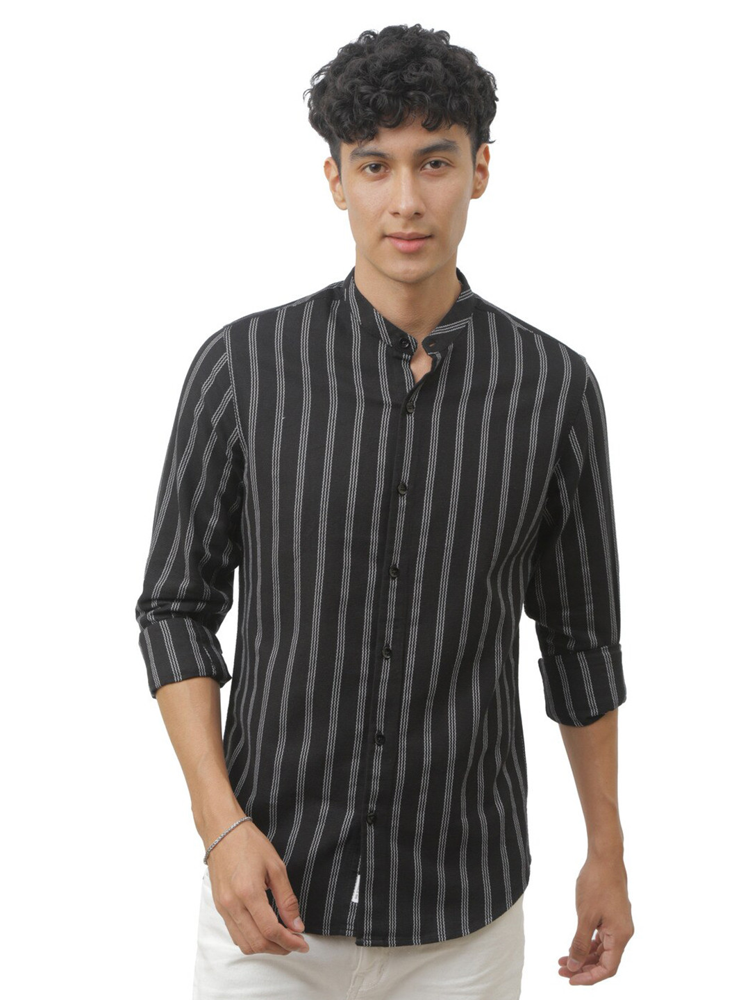 

FLY 69 Premium Slim Fit Striped Mandarin Collar Pure Cotton Casual Shirt, Black