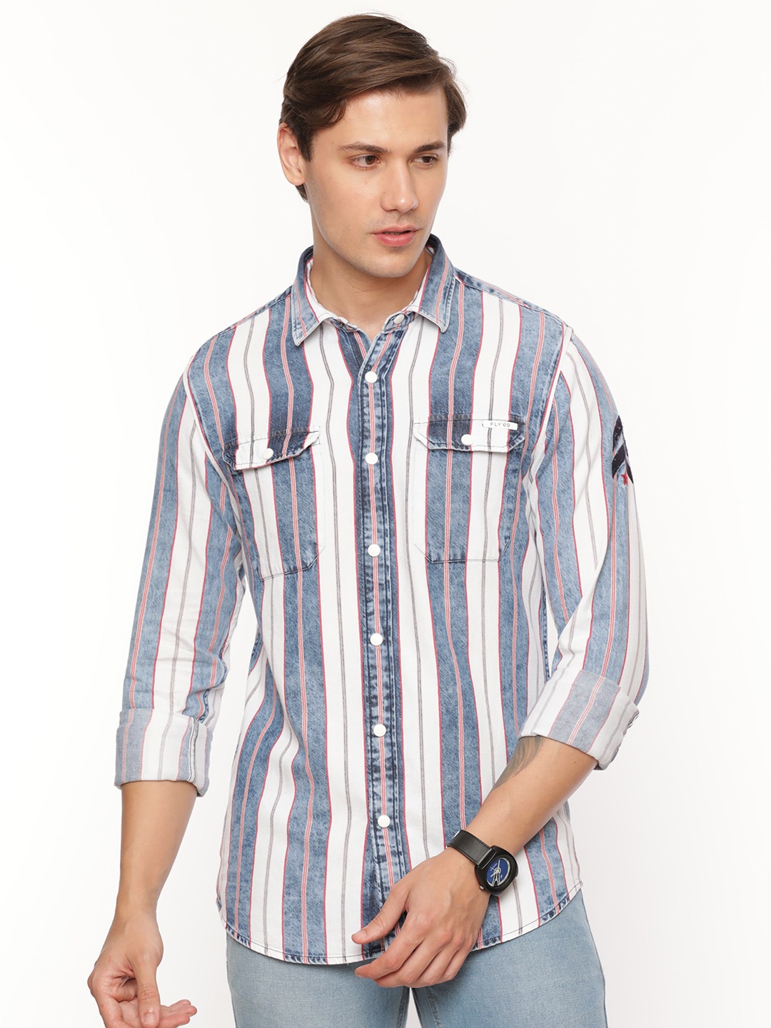 

FLY 69 Vertical Striped Denim Casual Shirt, Red
