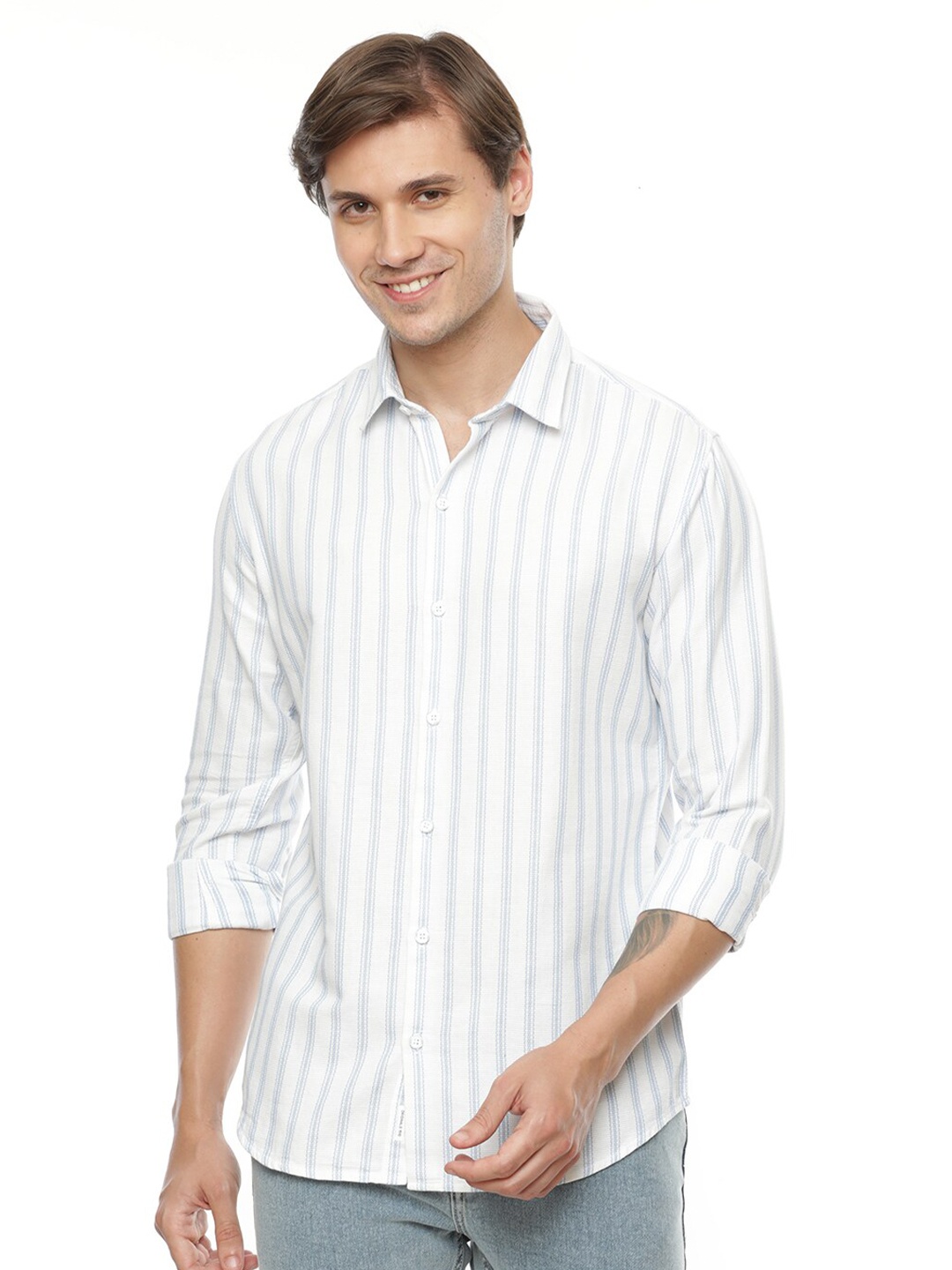 

FLY 69 Premium Slim Fit Vertical Striped Pure Cotton Casual Shirt, Blue