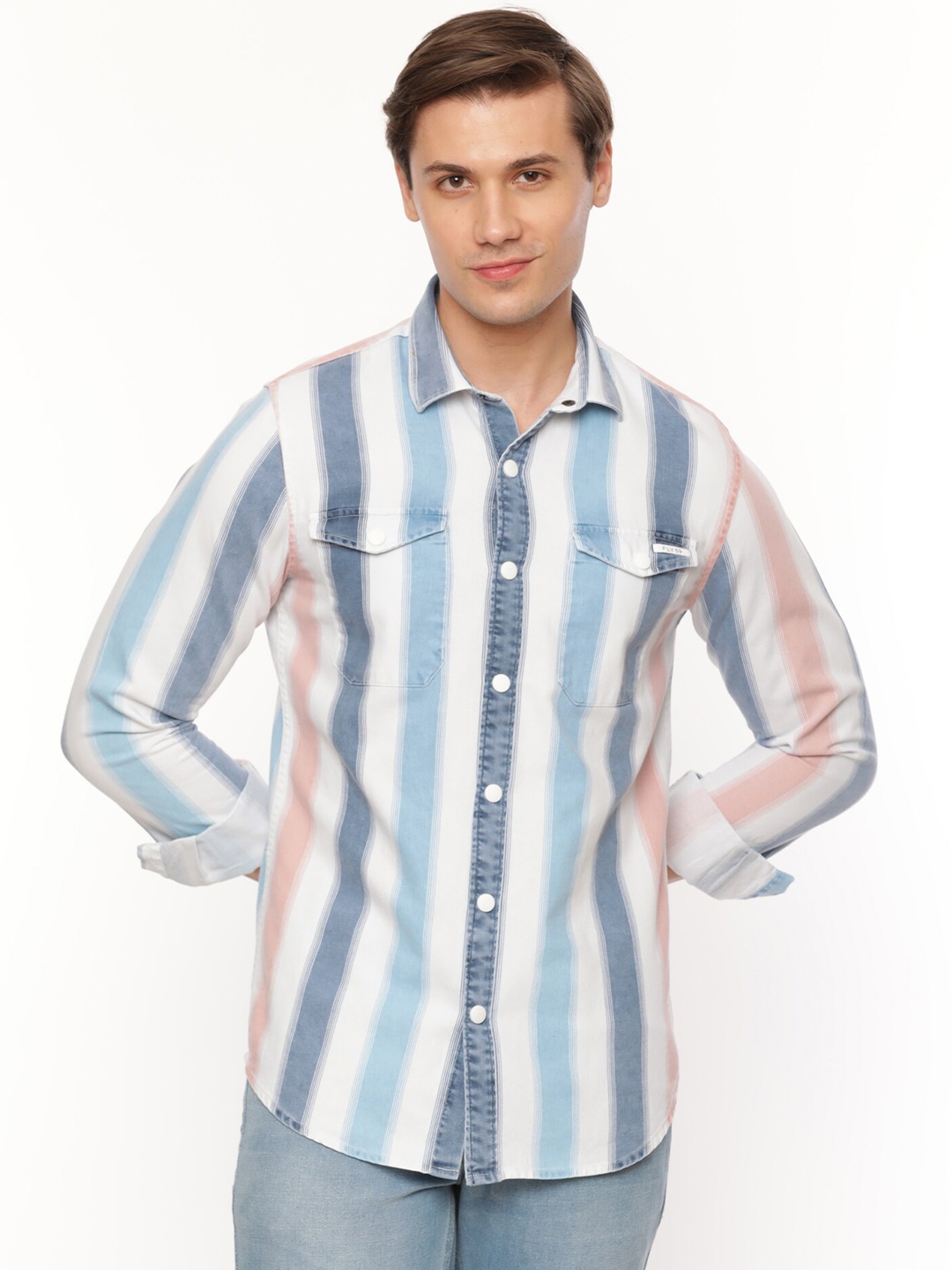 

FLY 69 Premium Slim Fit Vertical Striped Casual Pure Cotton Shirt, White