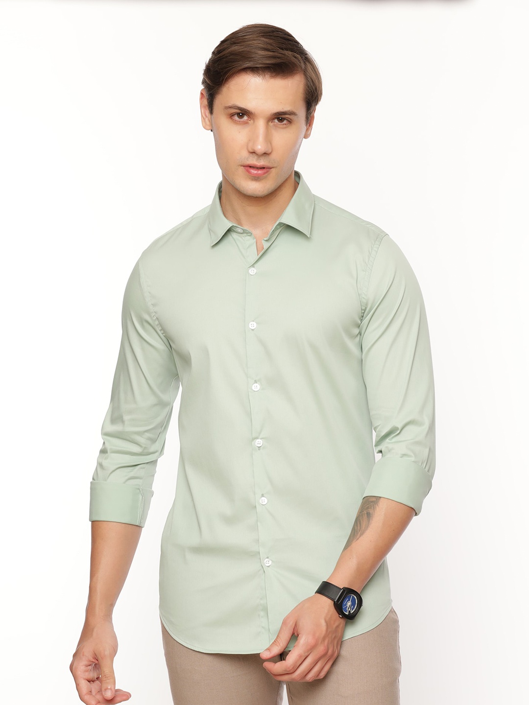 

FLY 69 Premium Slim Fit Opaque Casual Pure Cotton Shirt, Green