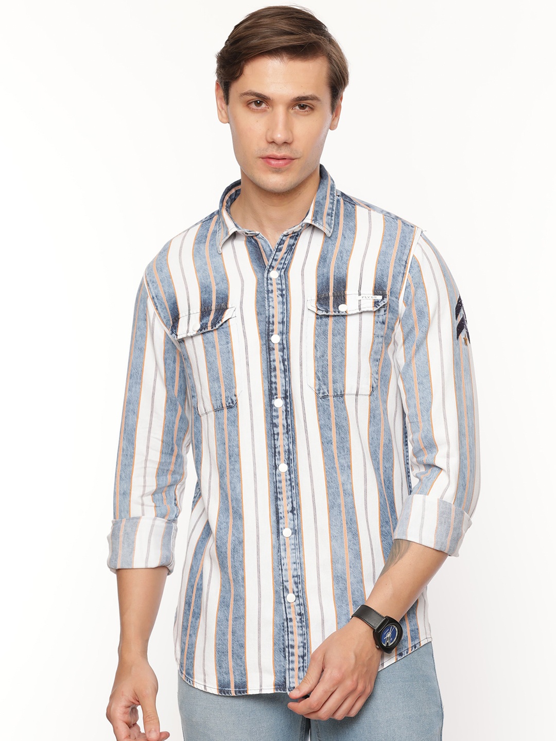 

FLY 69 Premium Slim Fit Multi Striped Denim Casual Shirt, Grey