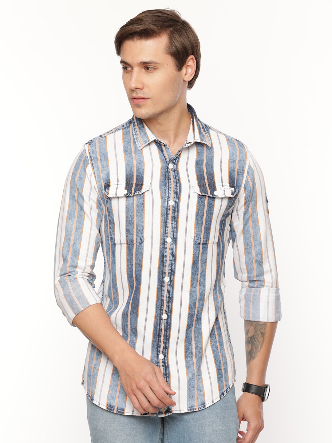 

FLY 69 Premium Striped Slim Fit Denim Casual Shirt, White