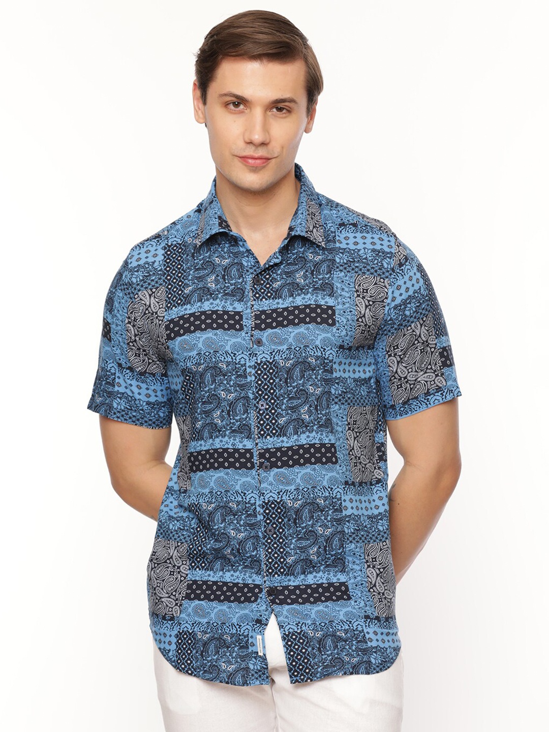 

FLY 69 Ethnic Motifs Printed Premium Slim Fit Cotton Casual Shirt, Blue
