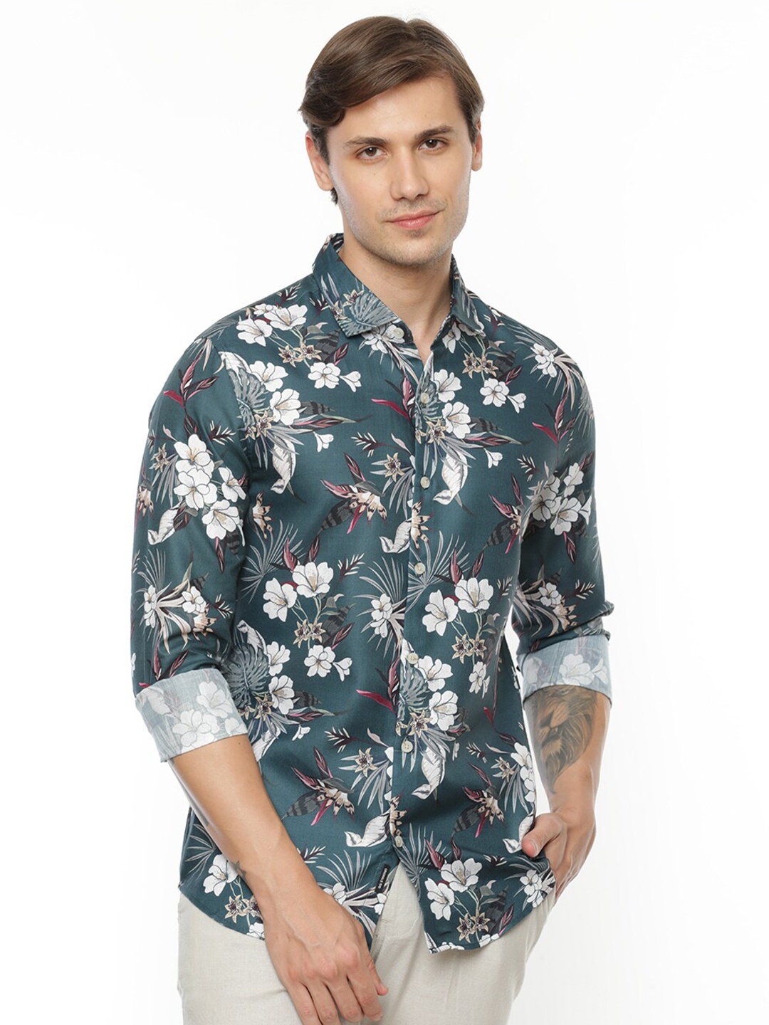 

FLY 69 Floral Printed Premium Slim Fit Casual Shirt, Green