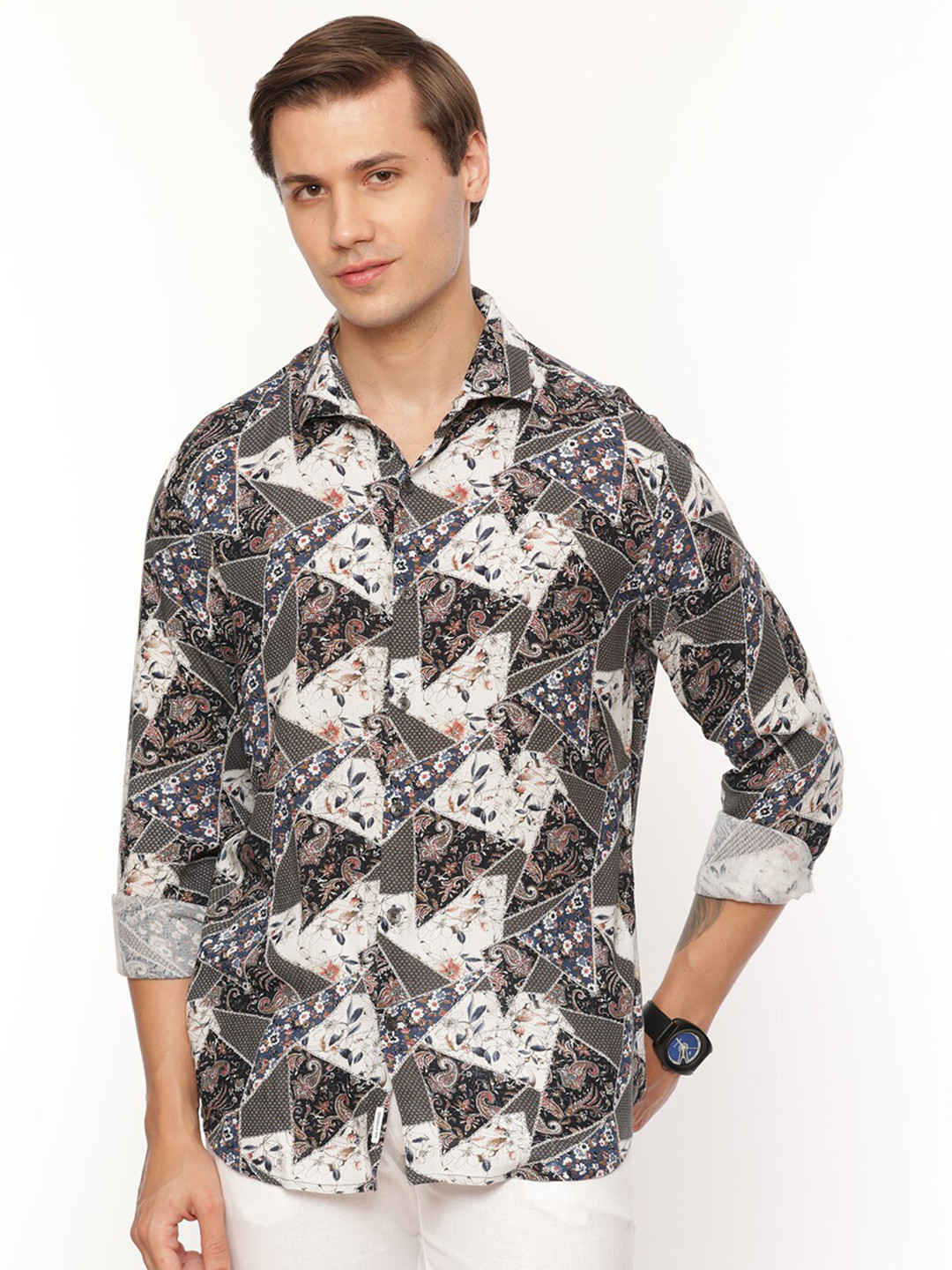 

FLY 69 Premium Slim Fit Opaque Printed Casual Shirt, White