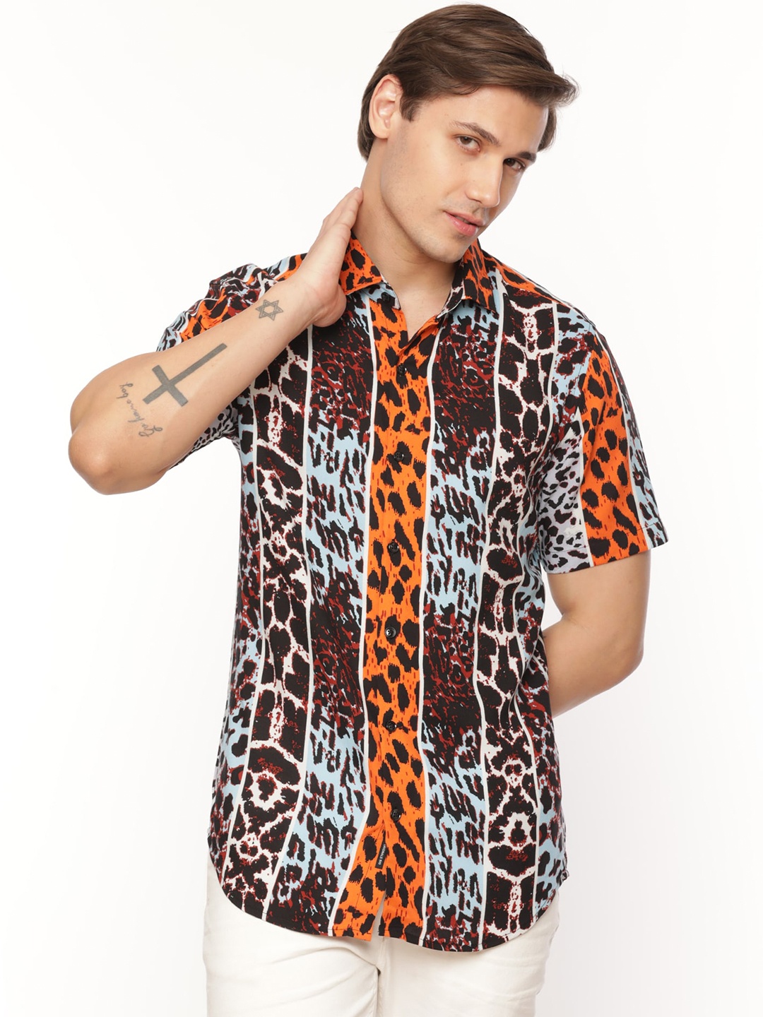 

FLY 69 Animal Printed Premium Slim Fit Cotton Casual Shirt, Brown