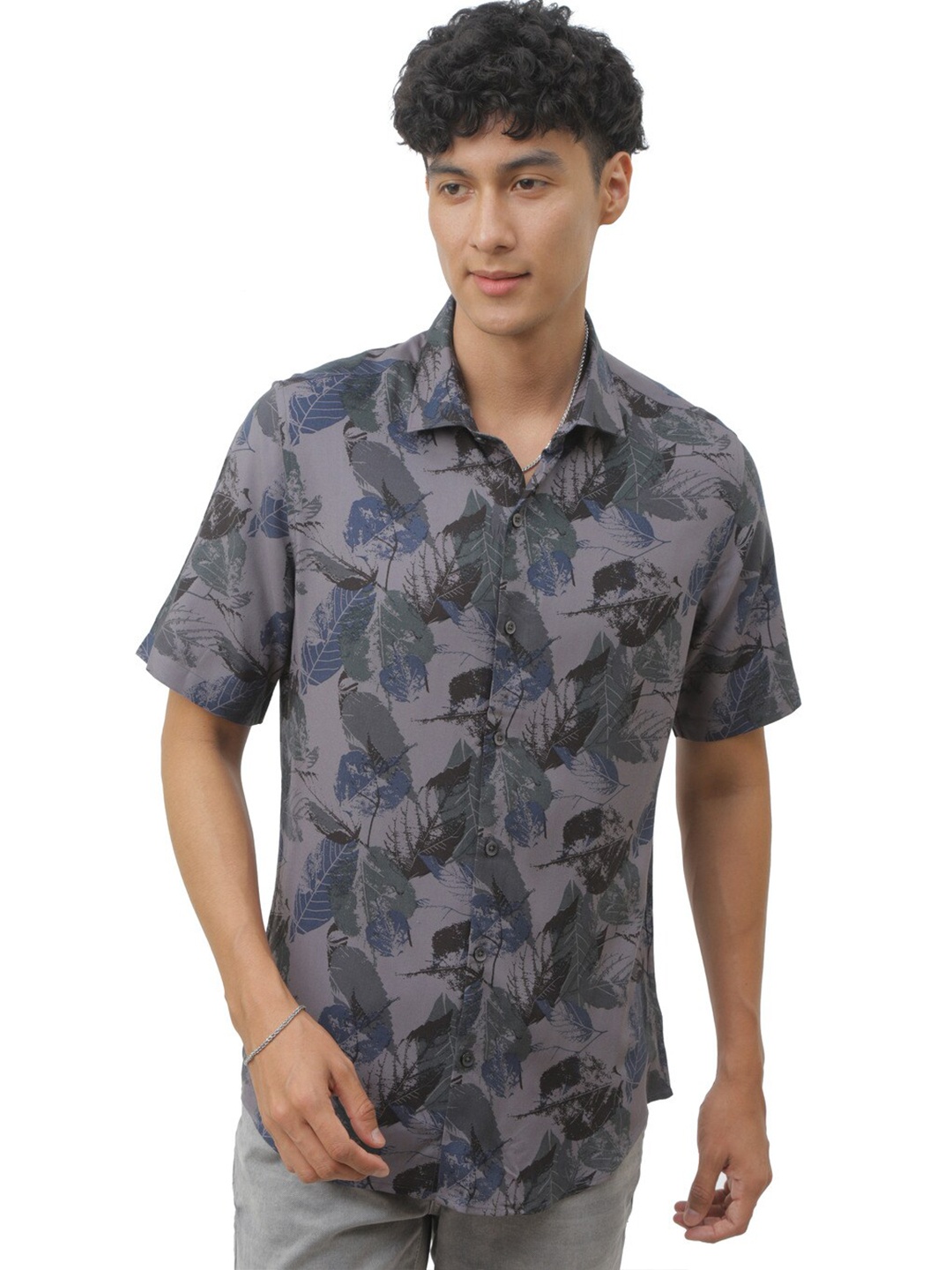 

FLY 69 Premium Slim Fit Floral Printed Casual Shirt, Grey
