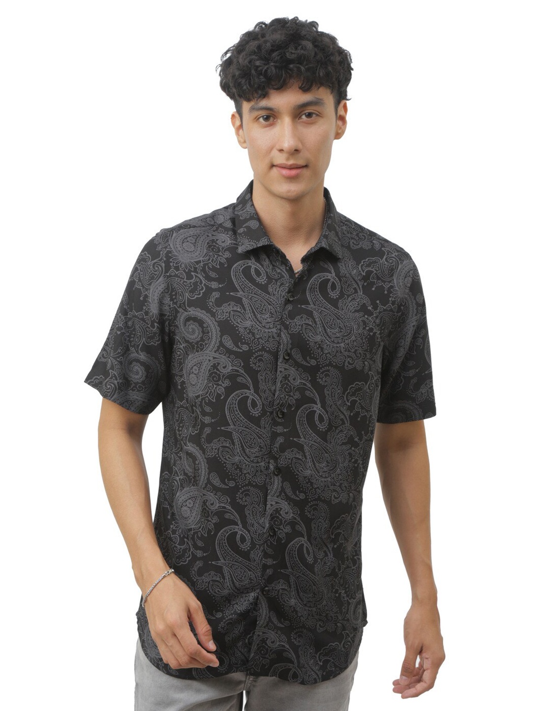 

FLY 69 Ethnic Motifs Printed Premium Slim Fit Casual Shirt, Black