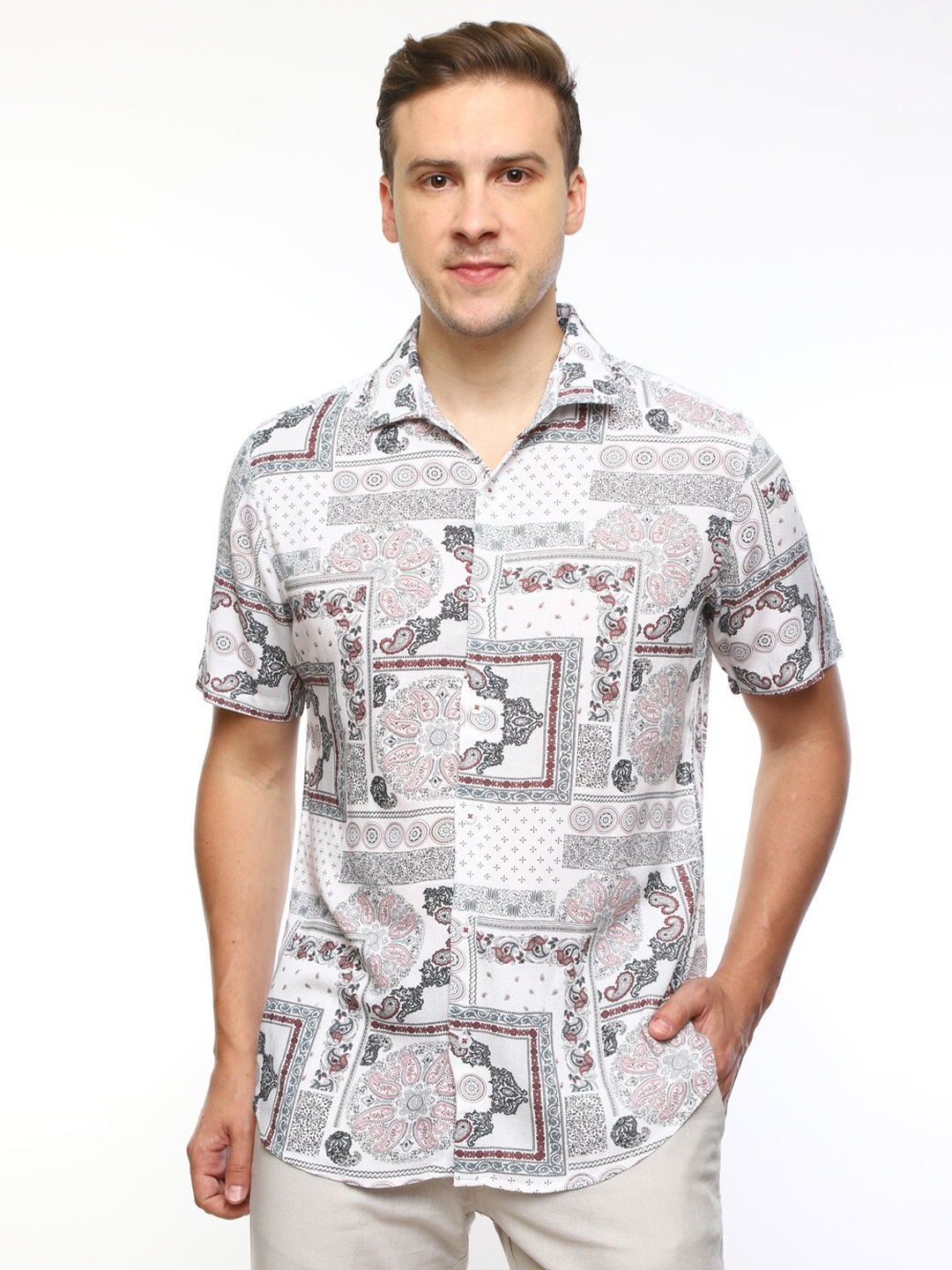 

FLY 69 Premium Slim Fit Ethnic Motifs Printed Casual Pure Cotton Shirt, Pink