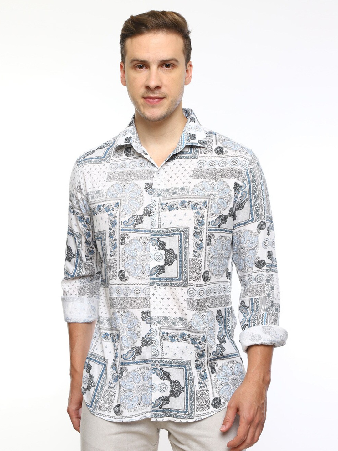 

FLY 69 Premium Slim Fit Ethnic Motifs Printed Casual Shirt, Blue