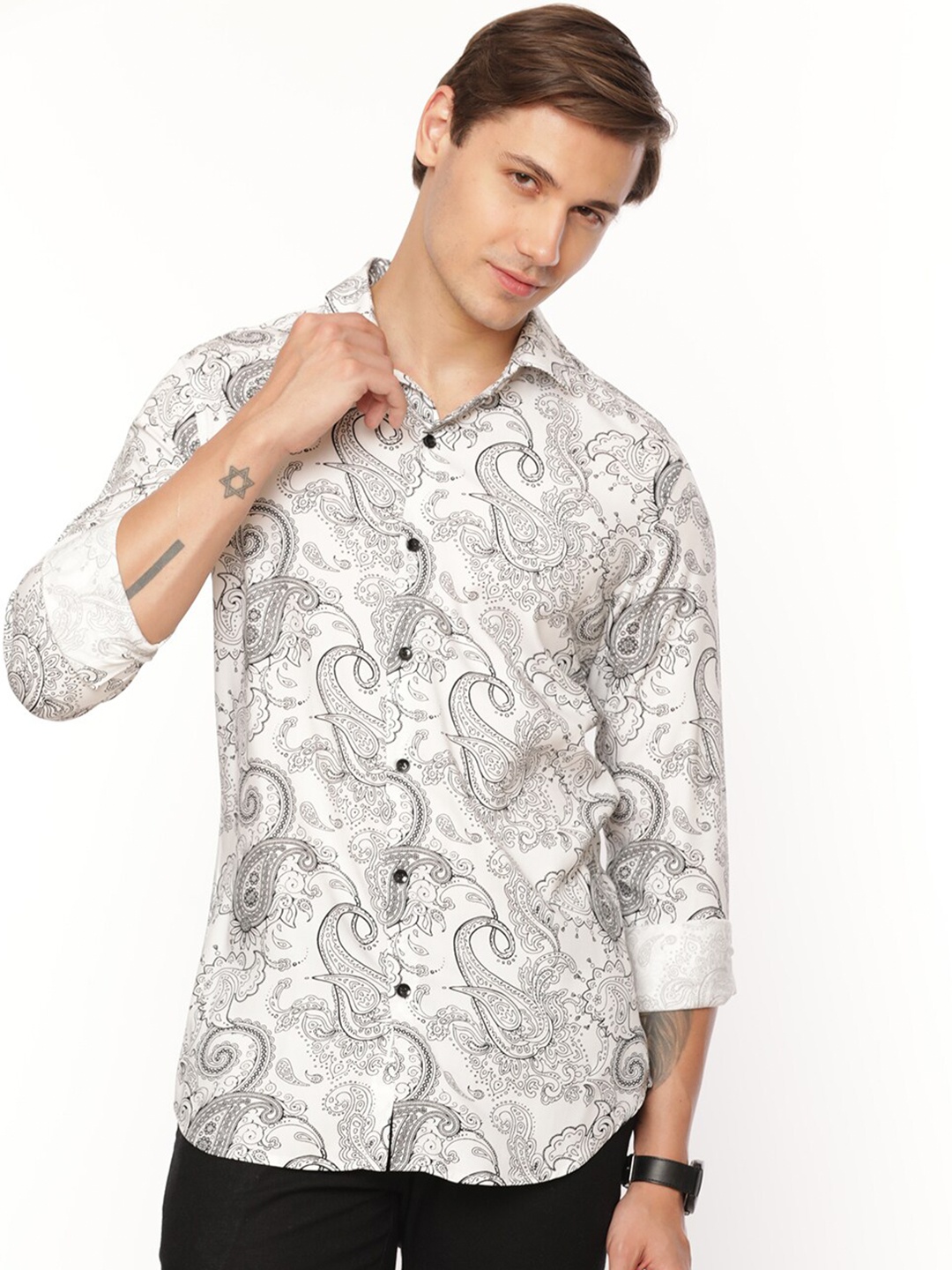 

FLY 69 Premium Slim Fit Abstract Printed Casual Shirt, White