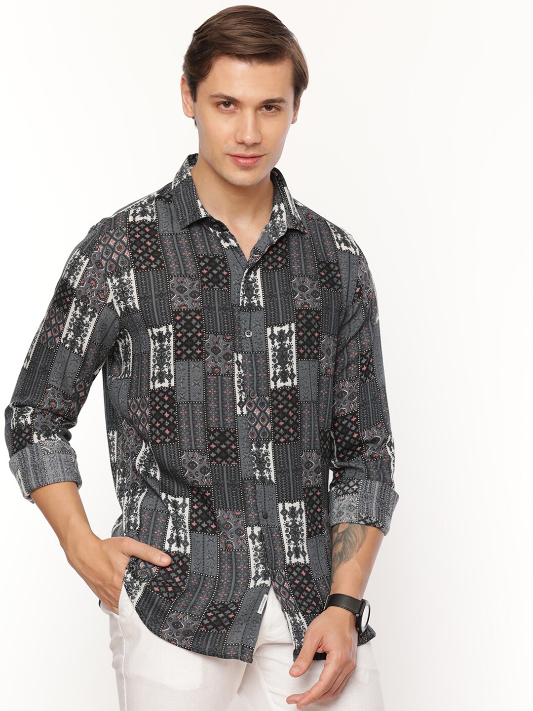 

FLY 69 Ethnic Motifs Printed Premium Slim Fit Casual Shirt, Grey