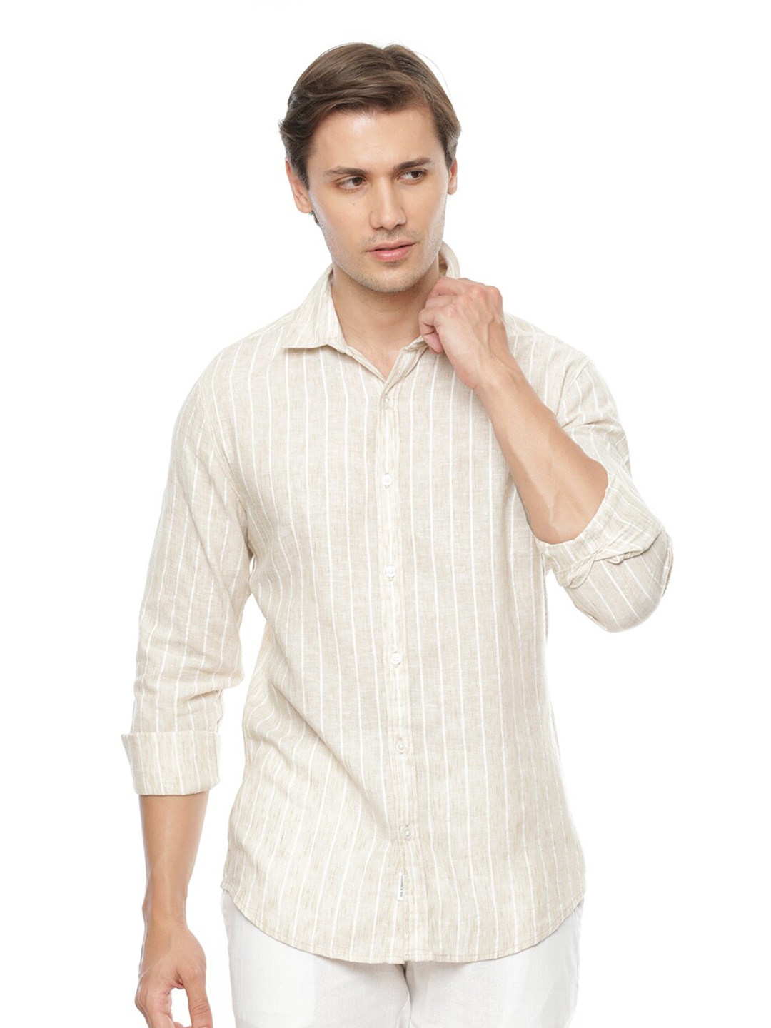 

FLY 69 Premium Slim Fit Striped Cotton Linen Casual Shirt, Cream