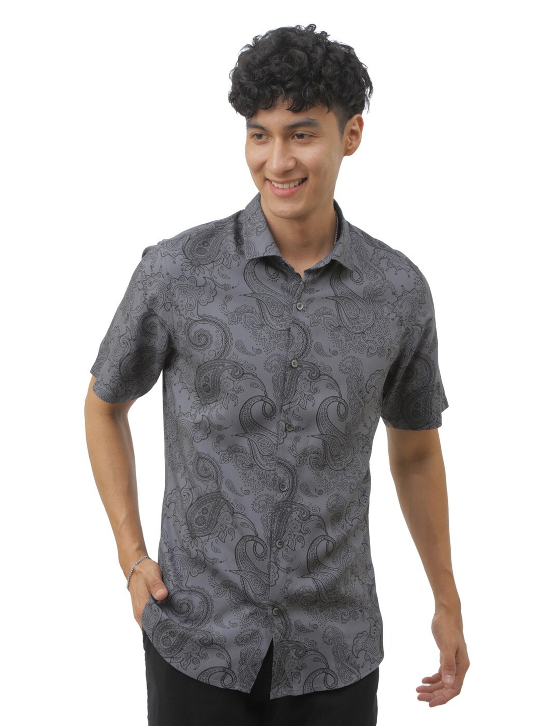 

FLY 69 Premium Ethnic Motifs Printed Slim Fit Casual Shirt, Grey