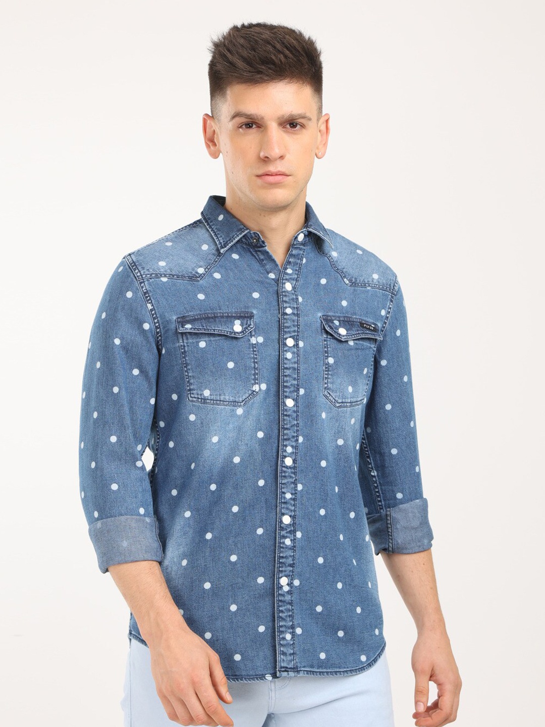 

FLY 69 Premium Polka Dots Printed Denim Casual Shirt, Blue