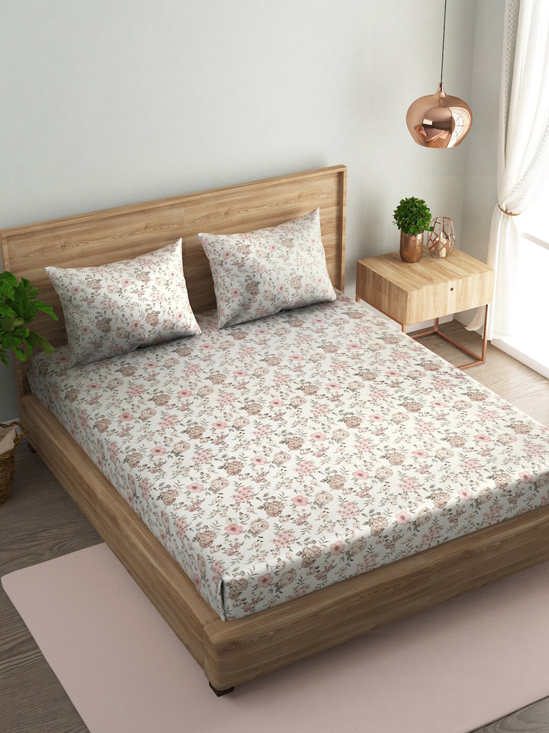 

Naksh Pink & Brown Floral Cotton 144 TC Queen Bedsheet With 2 Pillow Covers