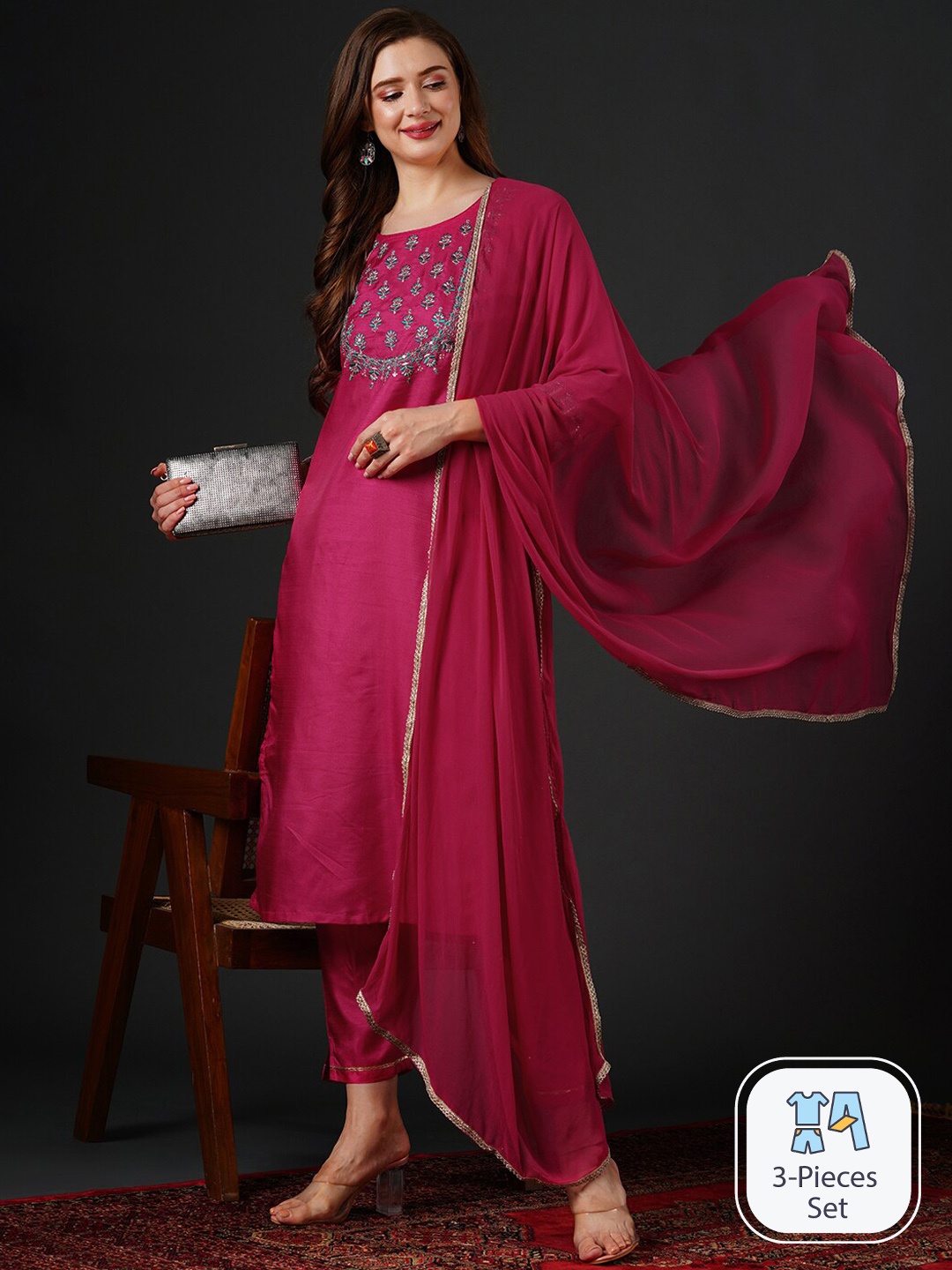 

Anouk Thread Work Detail Straight Kurta & Trousers With Dupatta, Pink