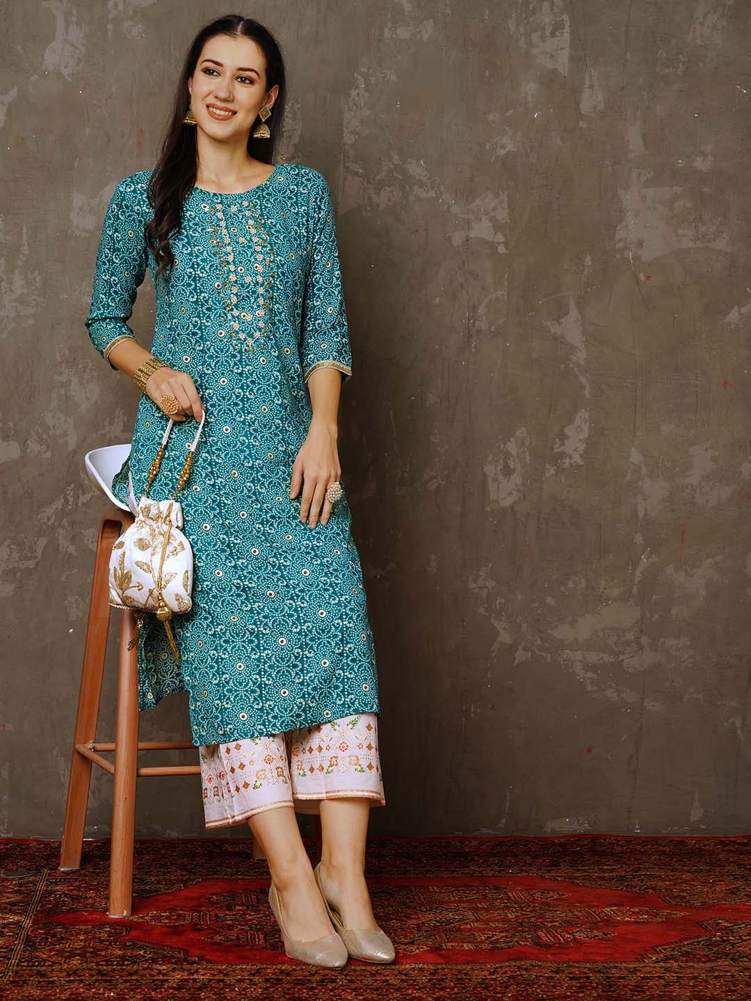 

Anouk Bandhani Printed Beads And Stones Detail Kurta, Teal