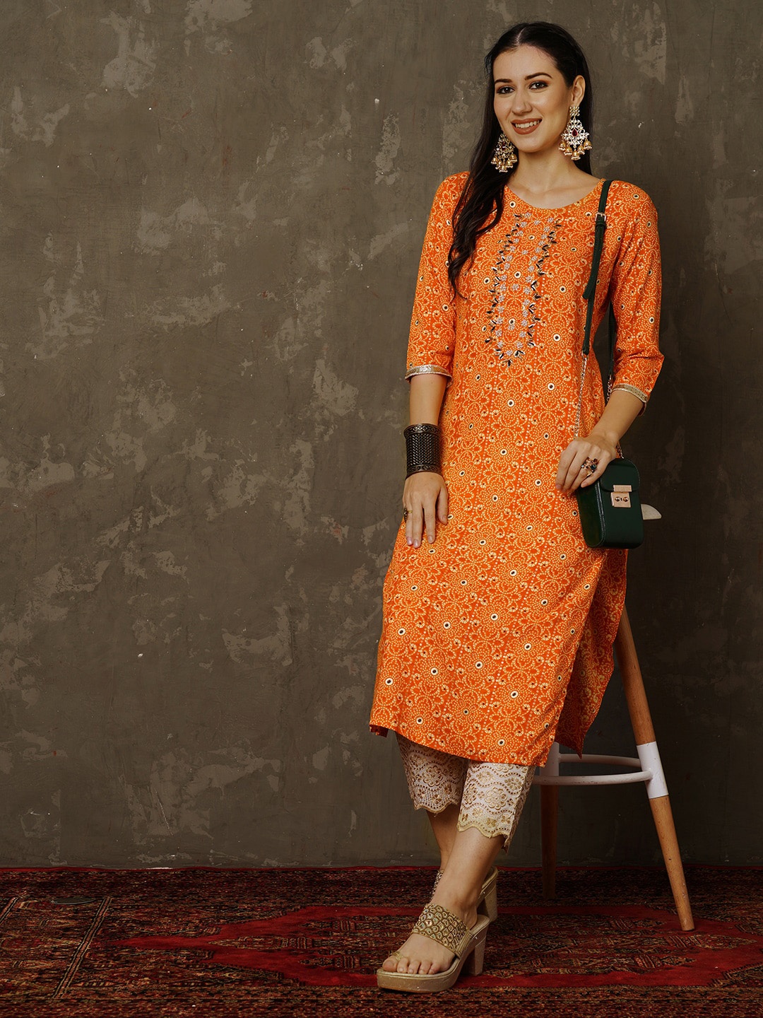 

Anouk Bandhani Printed Beads And Stones Detail Kurta, Mustard