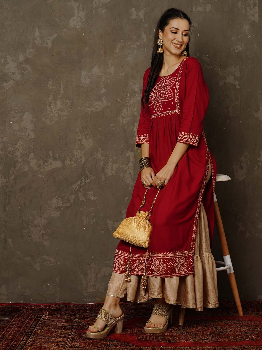 

Anouk Bandhani Printed Mirror Work Kurta, Red