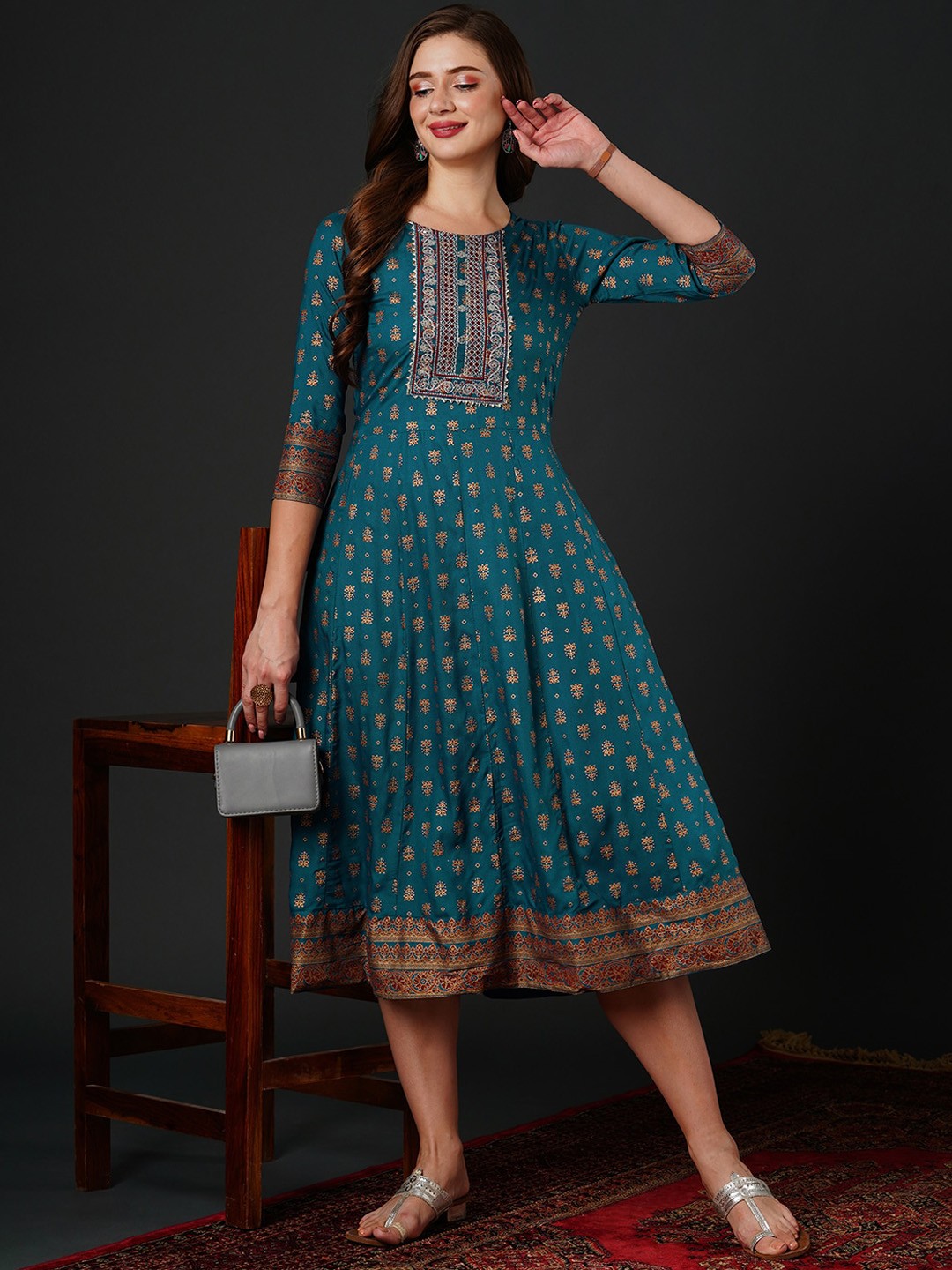 

Anouk Round Neck Floral Printed Sequinned Midi Ethnic Dress, Blue