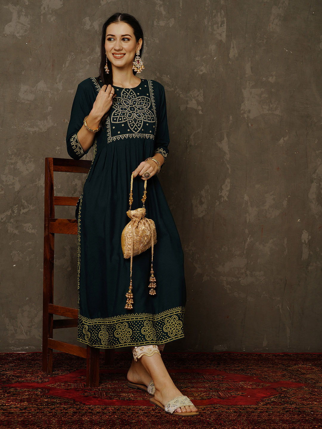 

Anouk Ethnic Motifs Yoke Design Beads And Stones Kurta, Green