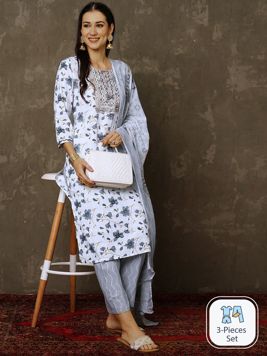 

Anouk Floral Printed Sequinned Kurta & Trousers With Dupatta, White