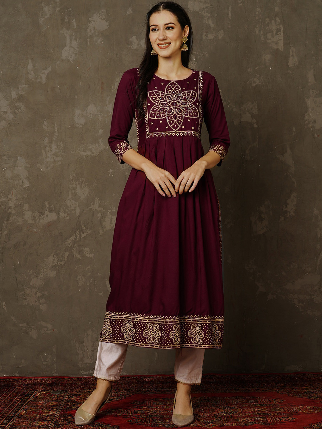 

Anouk WomenEthnic Motifs Yoke Design Beads And Stones Kurta, Burgundy