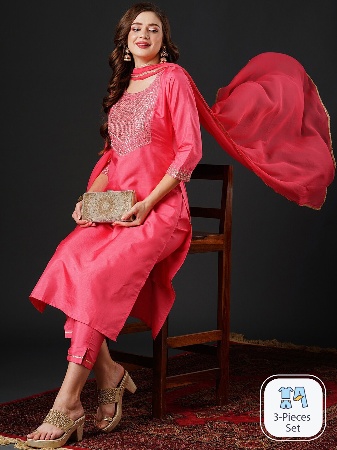 

Anouk Embroidered Regular Sequinned Kurta with Trousers & With Dupatta, Pink